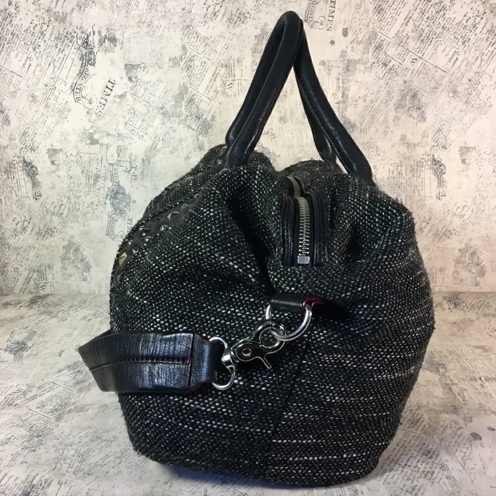 MZ Wallace Lillian Draper Tweed Satchel Leather Trim Studded Shoulder Bag